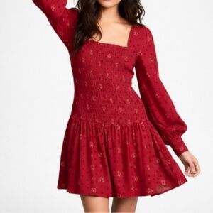 Free People Red Smocked Long-Sleeve Mini Dress | Two Faces Mini